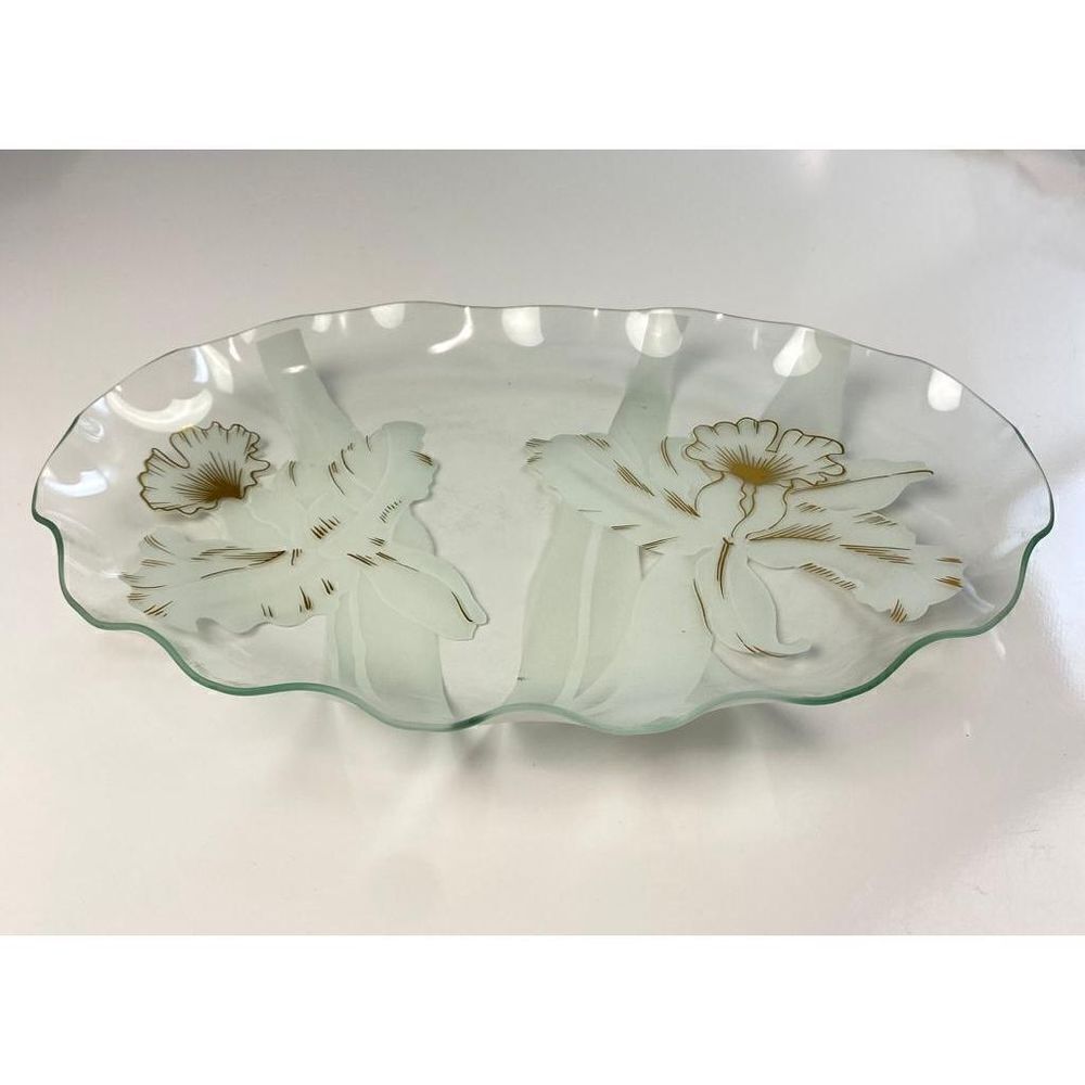 Vintage Clear Glass Flower Tray Platter Japan 17in W x 12in L x 1.5in H Gold Tri